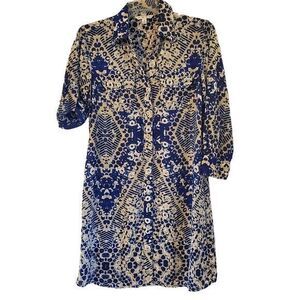 CAbi #422‎ Jewel Shirt Dress Womens S Blue Abstract Button Front Roll Tab